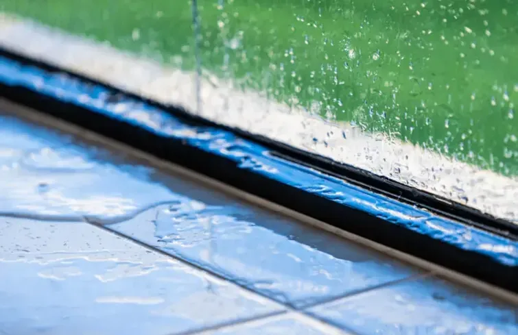 Storm rain beating on a window with water pooling in the frame