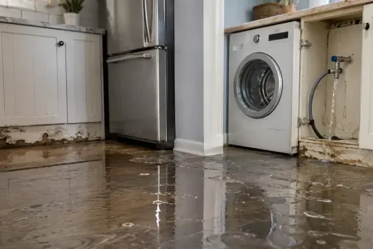 A kitchen floor flooded by a failed washing machine supply valve