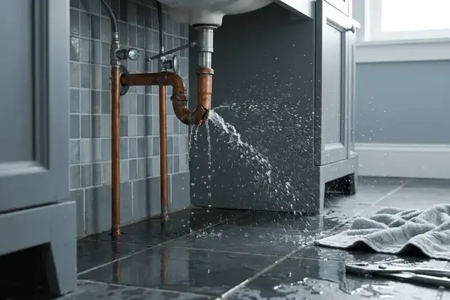 A burst supply pipe spraying water under a bathroom vanity onto tile