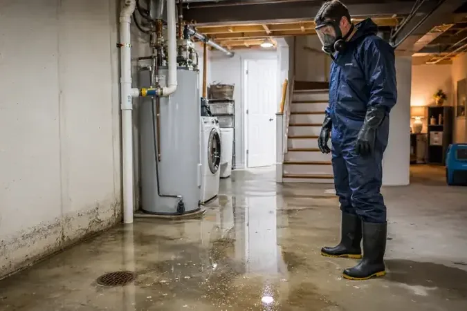 A worker in a respirator and boots checking a sewage backup on a lower floor