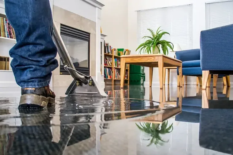 Water spread across a tile floor in a home built on a concrete slab