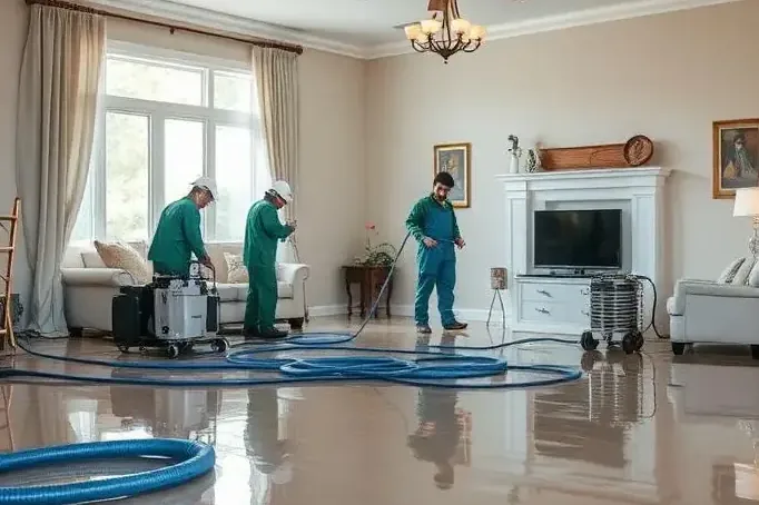 Pumps and extraction hoses drawing standing water off a living room floor